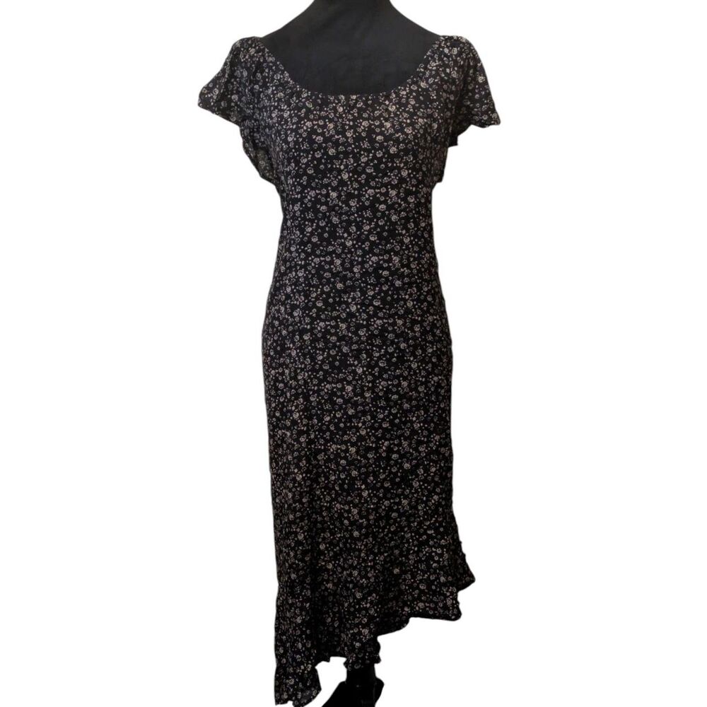Lucky Brand Black Ditsy Floral Cap Sleeve Asymmetric Midi Dress XL
